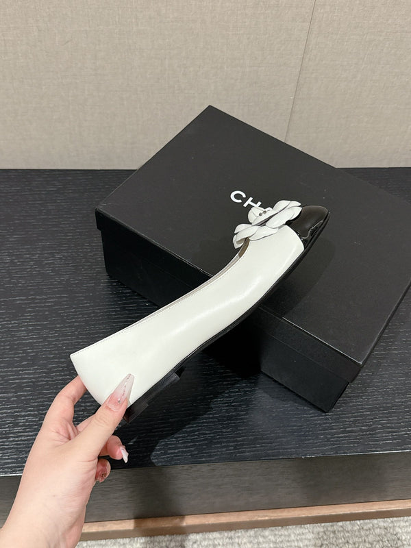 ballet flat flower white calfskin black patent calfskin