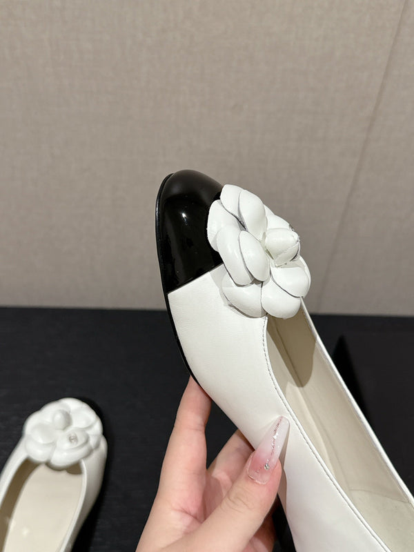 ballet flat flower white calfskin black patent calfskin