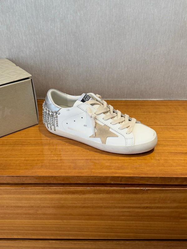BALL STAR SNEAKERS WITH CRYSTAL TASSEL BEIGE SUEDE STAR WHITE CALFSKIN UPPER