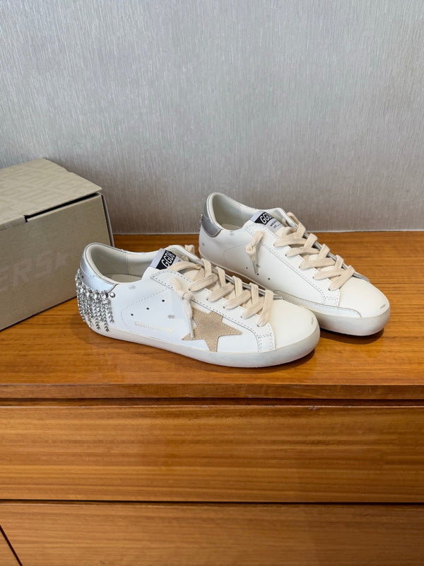 BALL STAR SNEAKERS WITH CRYSTAL TASSEL BEIGE SUEDE STAR WHITE CALFSKIN UPPER