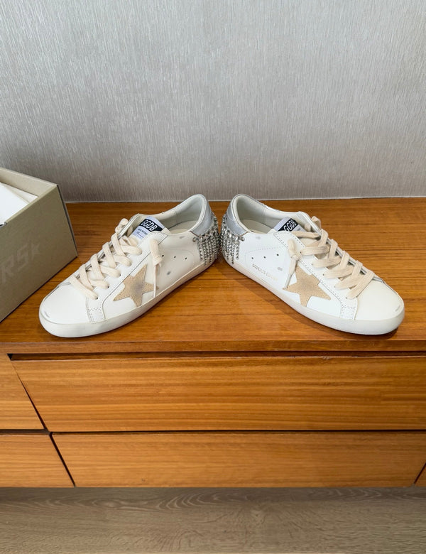 BALL STAR SNEAKERS WITH CRYSTAL TASSEL BEIGE SUEDE STAR WHITE CALFSKIN UPPER