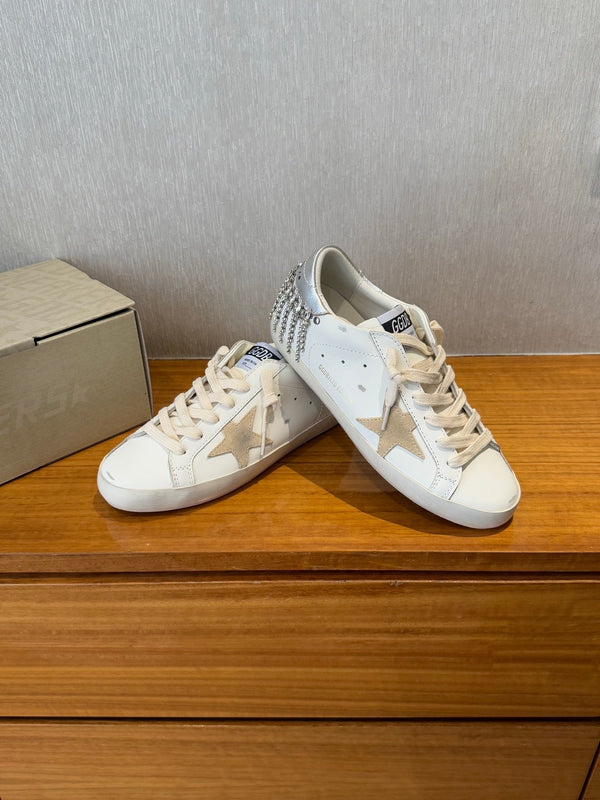 BALL STAR SNEAKERS WITH CRYSTAL TASSEL BEIGE SUEDE STAR WHITE CALFSKIN UPPER