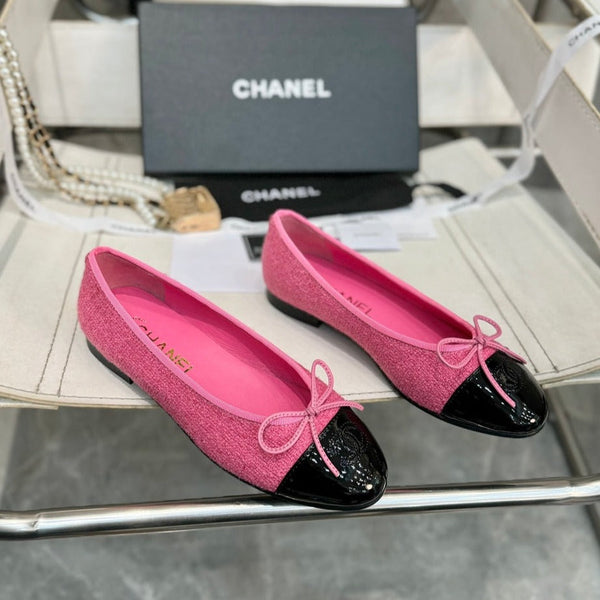 ballet flat pink tweed black patent calfskin