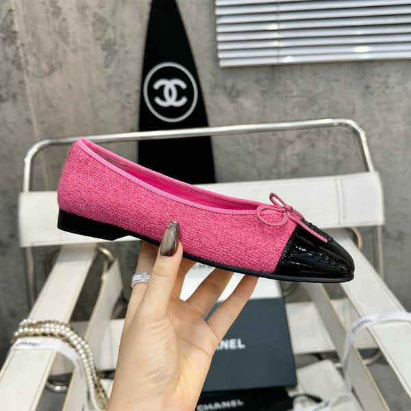 ballet flat pink tweed black patent calfskin