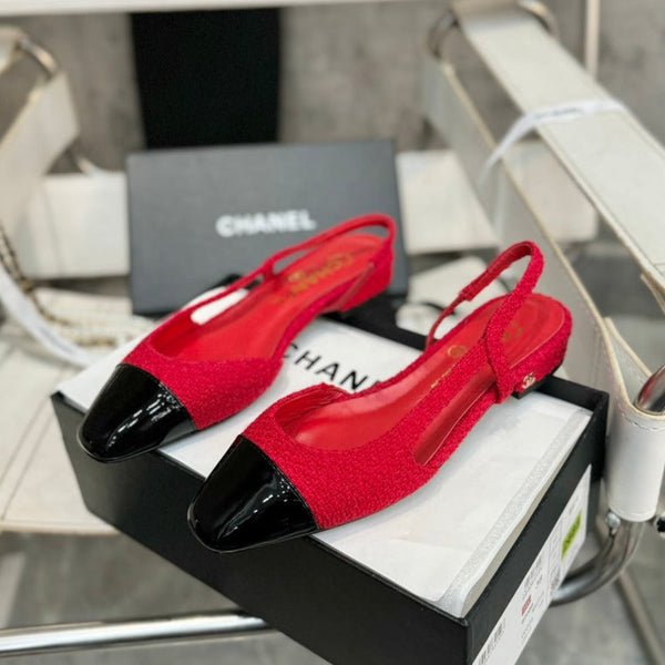 slingback piatte in tweed rosso e pelle di vitello verniciata nera