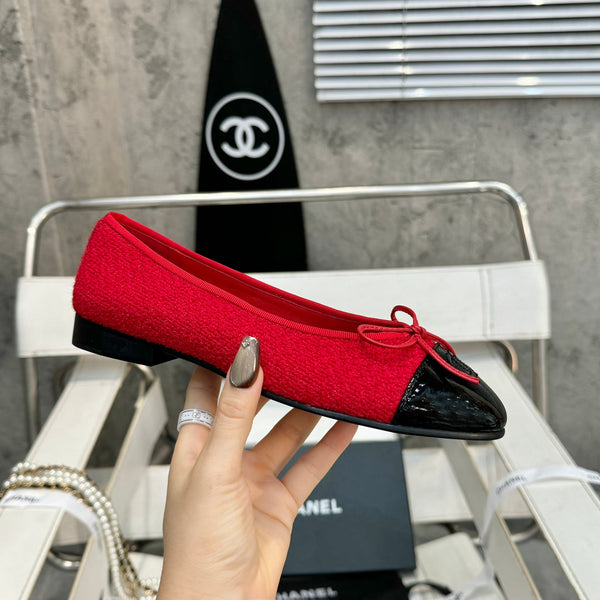 ballet flat red tweed black patent calfskin