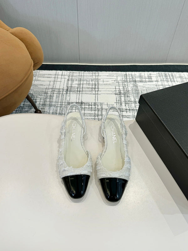 cc 25c slingback flat white tweed black grosgrain 233609