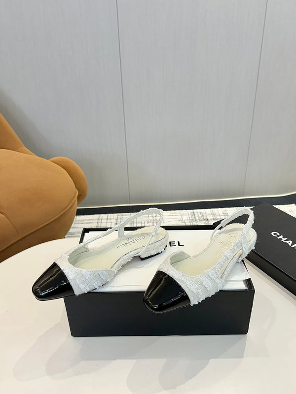 cc 25c slingback flat white tweed black grosgrain 233609