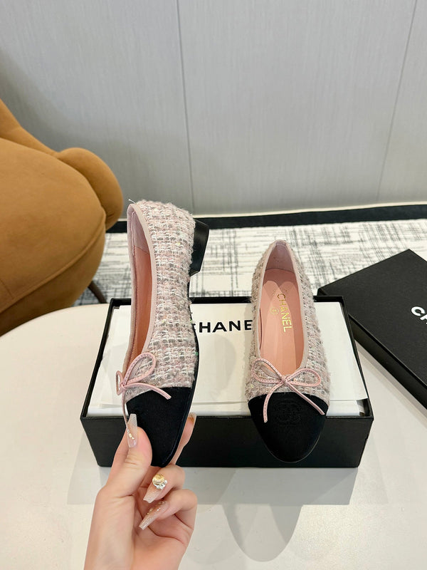 cc 25c ballet flat pink white tweed black grosgrain 233622