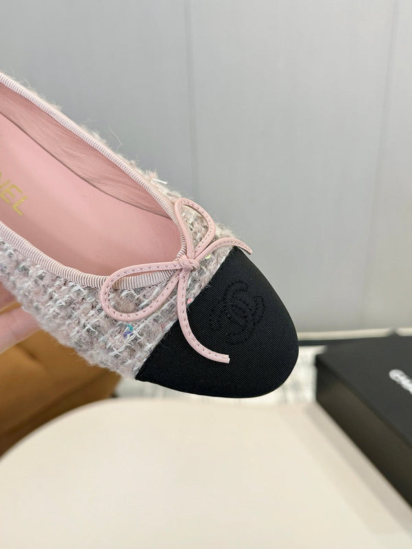cc 25c ballet flat pink white tweed black grosgrain 233622
