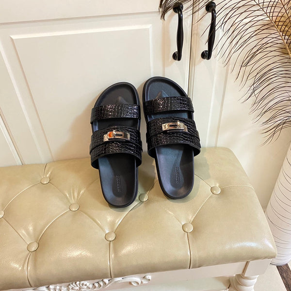 HM Jackson Sandal Black Embossed Pattern Cowhide 958028