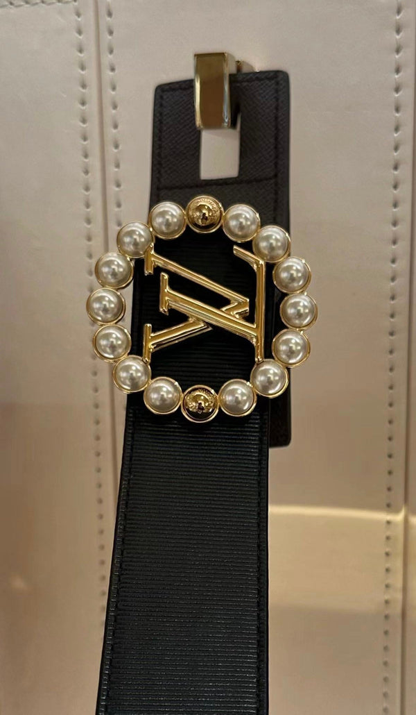 LV CIRCLE PEARL 35MM REVERSIBLE BELT IN BLACK CALFSKIN GOLD HARDWARE