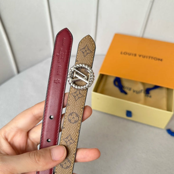 Cintura reversibile LV Circle Nautical 20 mm con fibbia argentata, in pelle di agnello color bordeaux chiaro