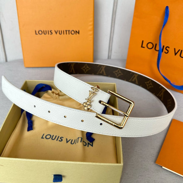 LV Bloom 30mm Belt Gold Buckle White Brown Leather
