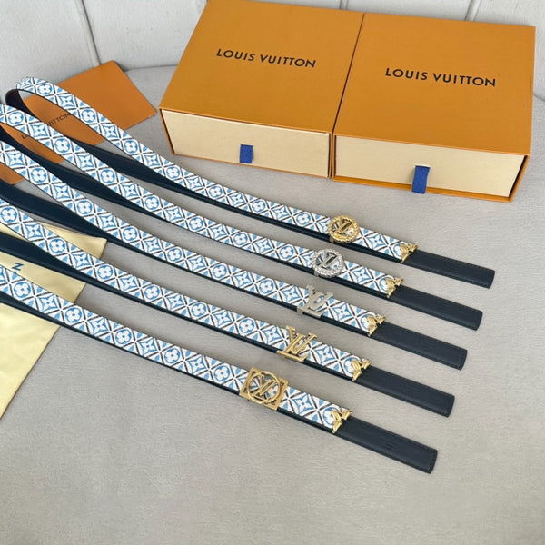 Bella cintura reversibile LV da 20 mm con fibbia argentata, in pelle nera, bianca e blu