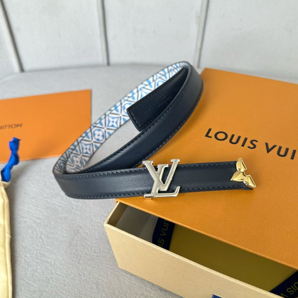 Bella cintura reversibile LV da 20 mm con fibbia argentata, in pelle nera, bianca e blu