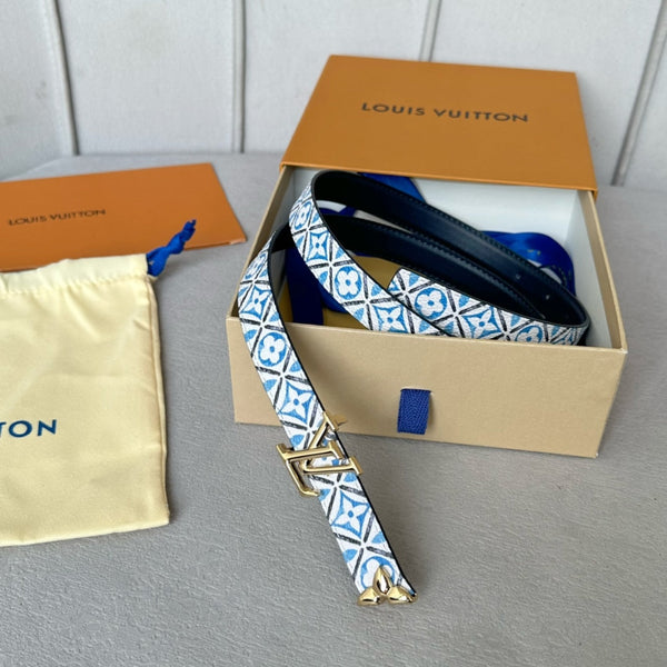 Bella cintura reversibile LV da 20 mm con fibbia dorata, in pelle nera, bianca e blu