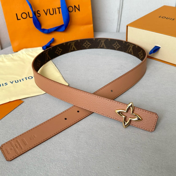 LV Flowergram 30mm Reversible Belt Gold Buckle Beige Brown Leather