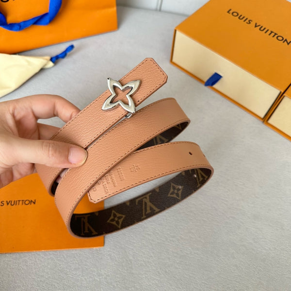 LV Flowergram 30mm Reversible Belt Silver Buckle Beige Brown Leather