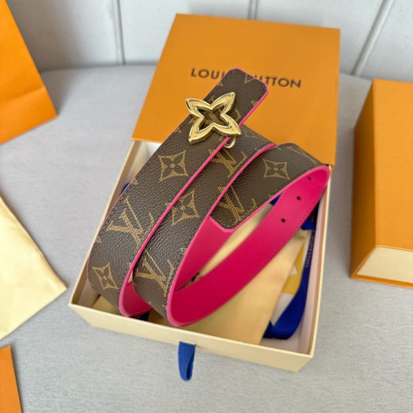 Cintura reversibile LV Flowergram da 30 mm con fibbia dorata, pelle marrone rosa shocking