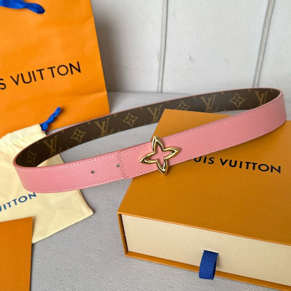 LV Flowergram 30mm Reversible Belt Gold Buckle Pink Brown Leather