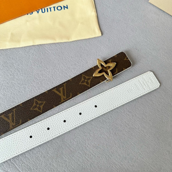 LV Flowergram 30mm Reversible Belt Gold Buckle White Brown Leather