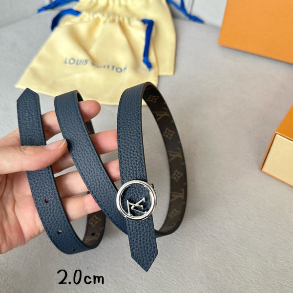 Cintura reversibile LV Circle 20mm con fibbia argentata, pelle blu navy e marrone