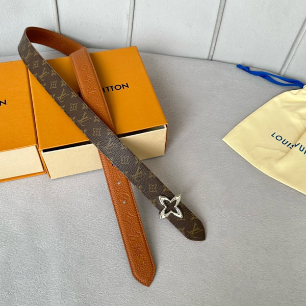 CINTURA REVERSIBILE LV MINI FLOWERGRAM 30MM IN PELLE DI VITELLO GOFFRATA BRONZO E FERRAMENTA IN ARGENTO