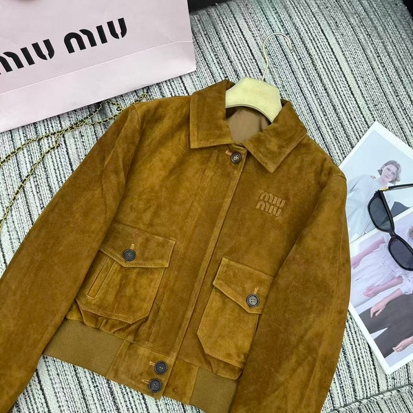Miu Miu 25 Suede Short Coat Brown Yellow 302344