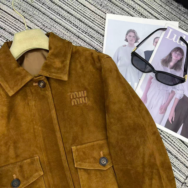 Miu Miu 25 Suede Short Coat Brown Yellow 302344