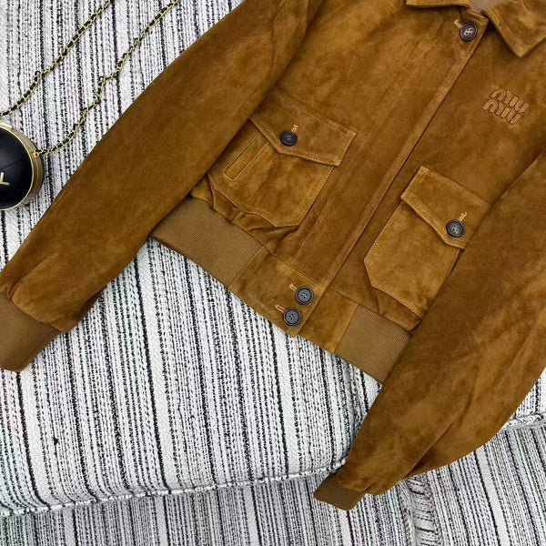 Miu Miu 25 Suede Short Coat Brown Yellow 302344