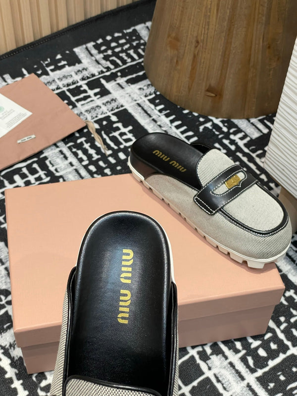 Miu 25S Beige and Black Canvas and leather Mules 227137