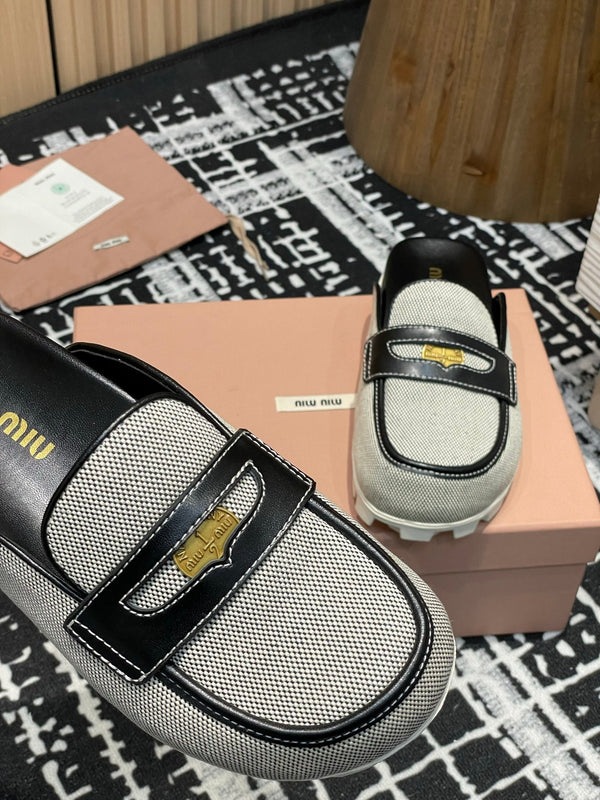 Miu 25S Beige and Black Canvas and leather Mules 227137