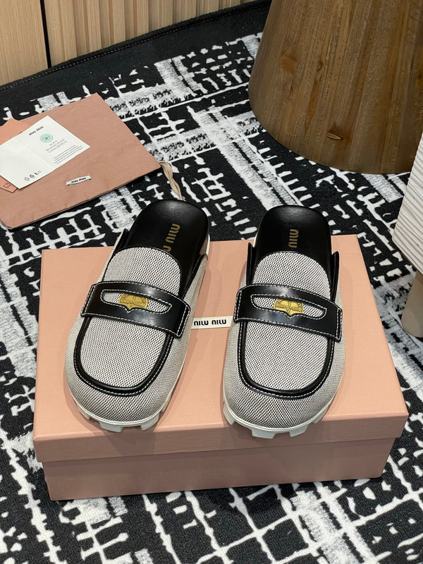 Miu 25S Beige and Black Canvas and leather Mules 227137