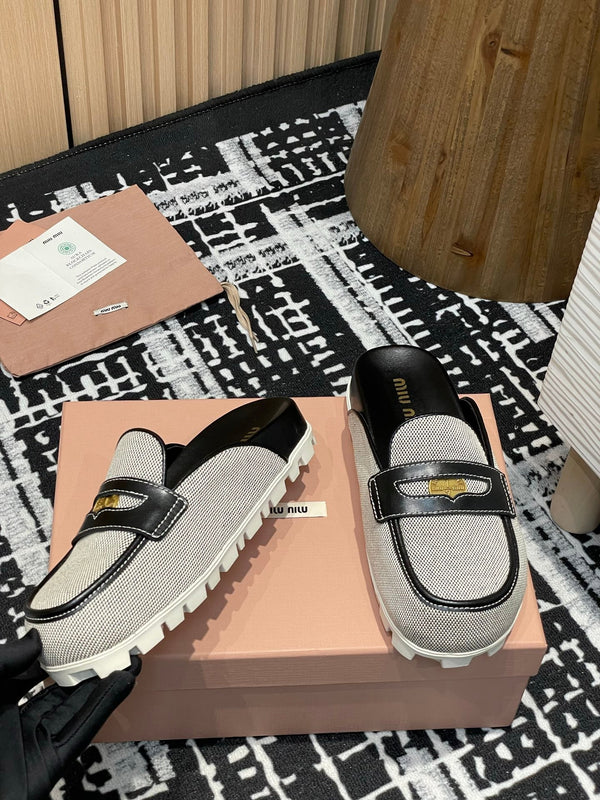 Miu 25S Beige and Black Canvas and leather Mules 227137