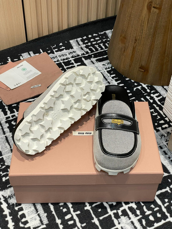 Miu 25S Beige and Black Canvas and leather Mules 227137