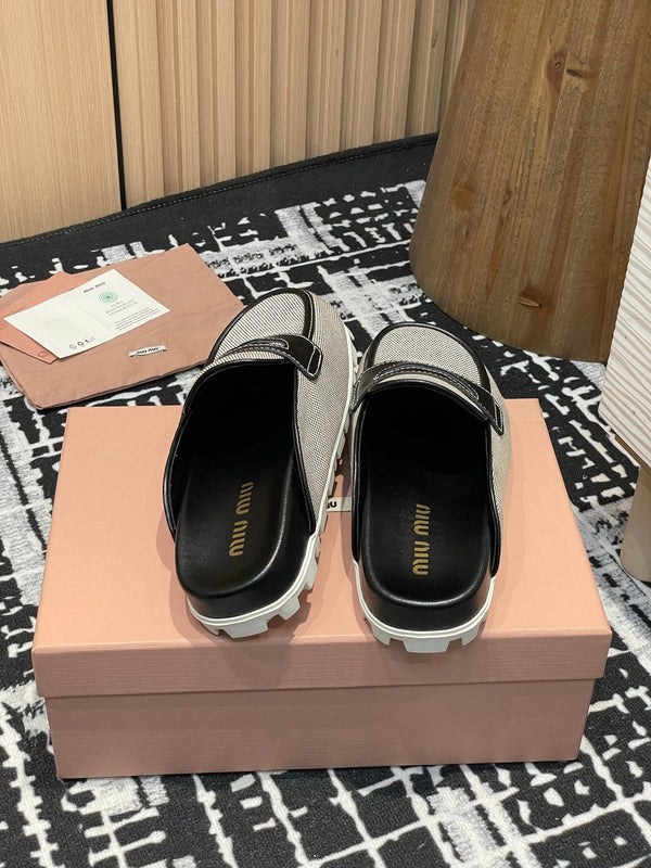 Miu 25S Beige and Black Canvas and leather Mules 227137