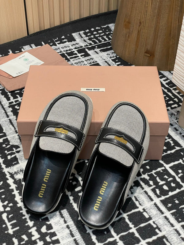 Miu 25S Beige and Black Canvas and leather Mules 227137