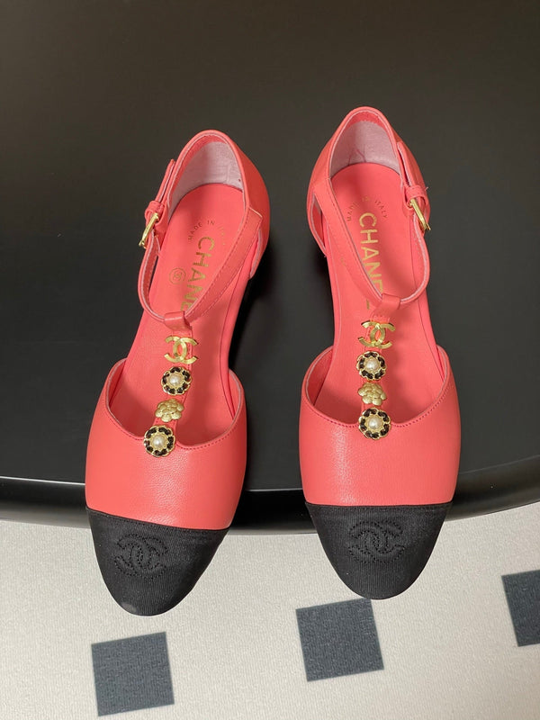 CC 25S Jewelry Double C Buckle T-Strap Mary Jane Hot Pink Lambskin Black Grosgrain 247711