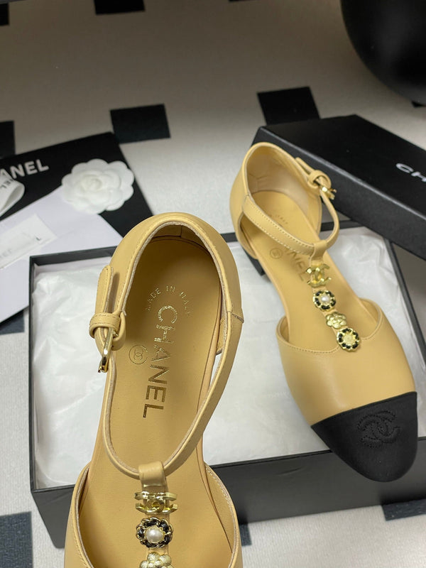 CC 25S Jewelry Double C Buckle T-Strap Mary Jane Beige Lambskin Black Grosgrain 247712