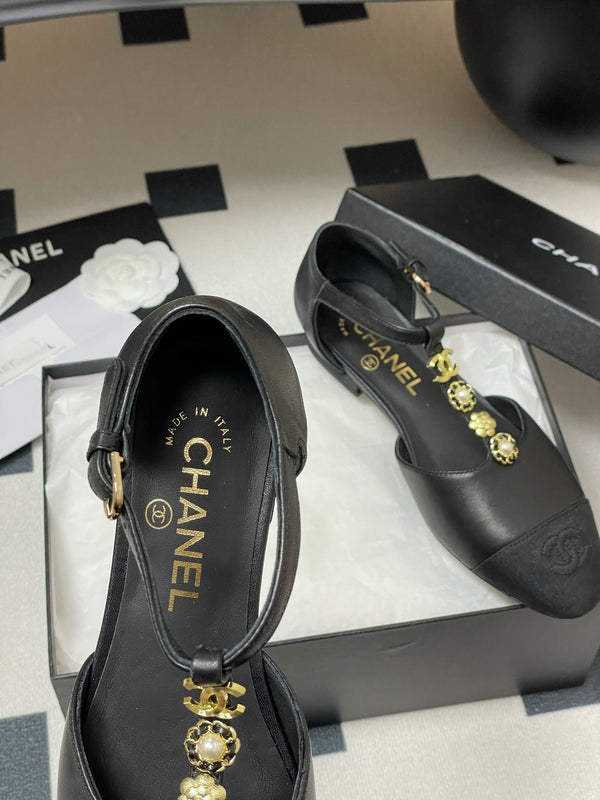 CC 25S Jewelry Double C Buckle T-Strap Mary Jane Black Lambskin Grosgrain 247713