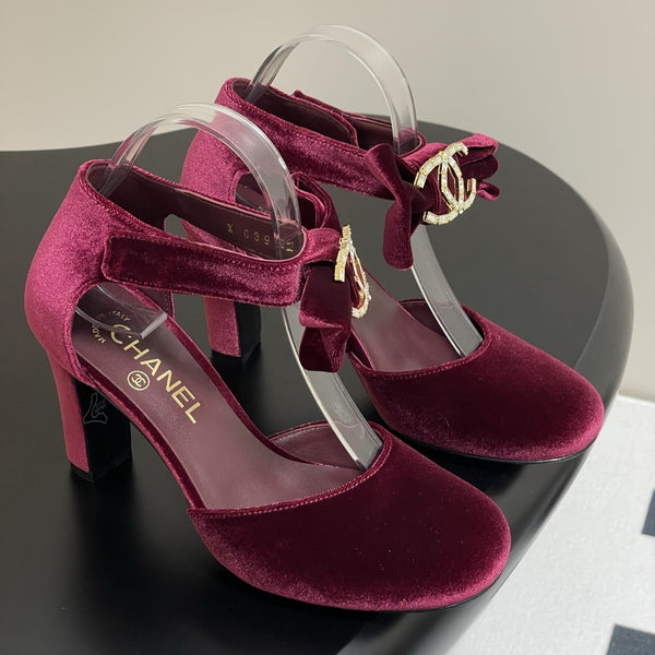 CC 25S Double C Rhinestone Buckle Bow High Heel Pump 85 Wine Velvet 247569