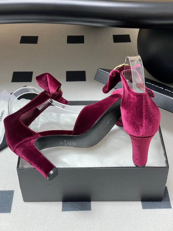 CC 25S Double C Rhinestone Buckle Bow High Heel Pump 85 Wine Velvet 247569