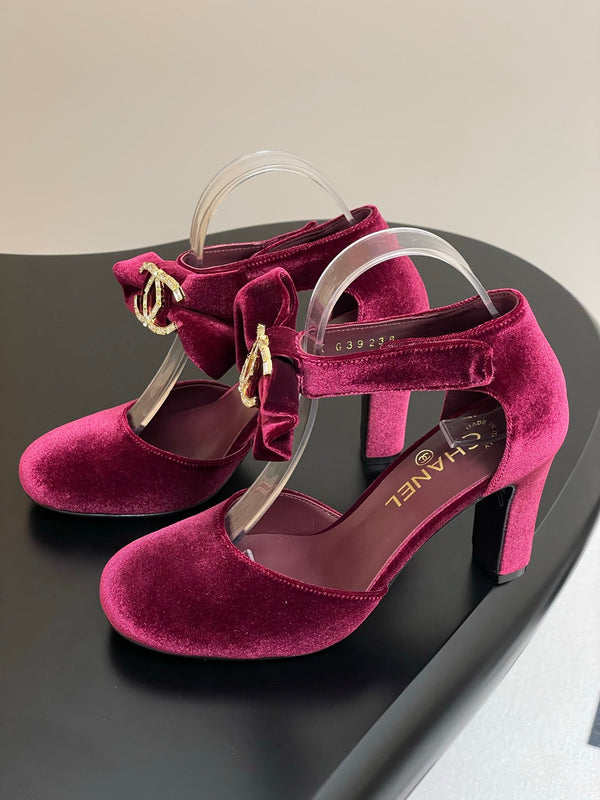 CC 25S Double C Rhinestone Buckle Bow High Heel Pump 85 Wine Velvet 247569