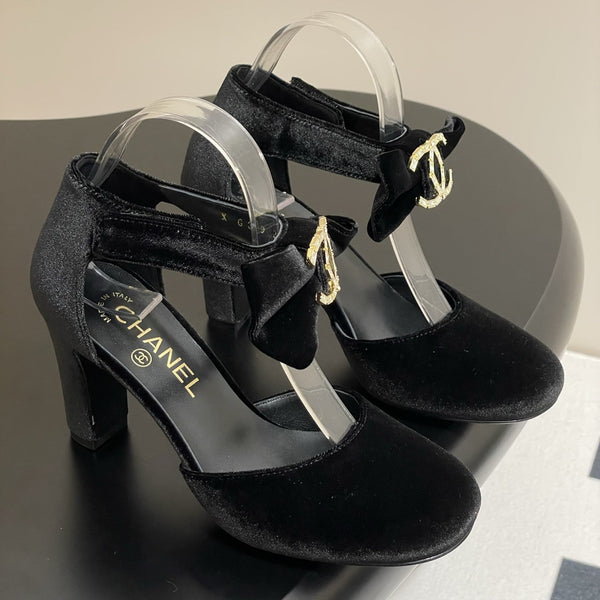 CC 25S Double C Rhinestone Buckle Bow High Heel Pump 85 Black Velvet 247570
