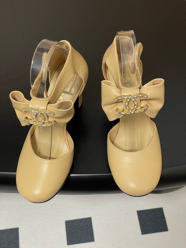 CC 25S Double C Rhinestone Buckle Bow High Heel Pump 85 Beige Sheepskin 247571