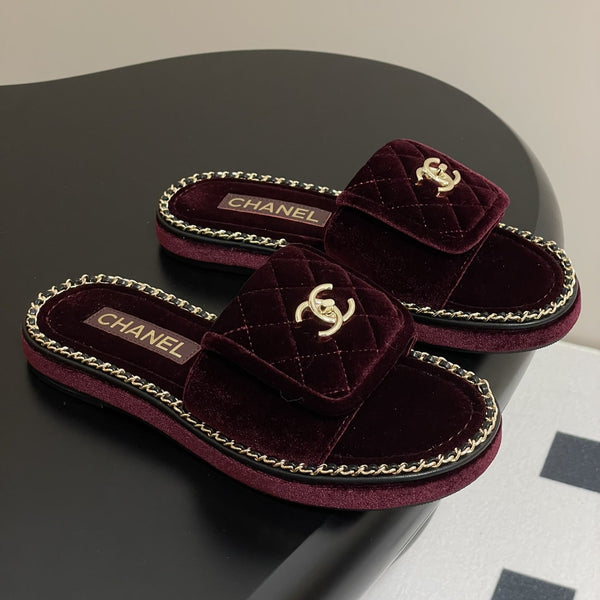 CC 25S Chain Ring Edge Buckle Bag Mule Sandal Wine Velvet 247584