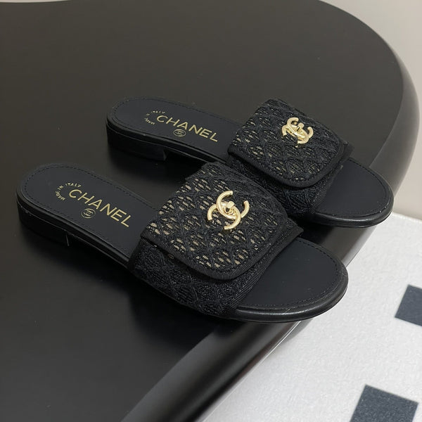 CC 25S Buckle Bag Mule Black Lace Fabric and Sheepskin 247589