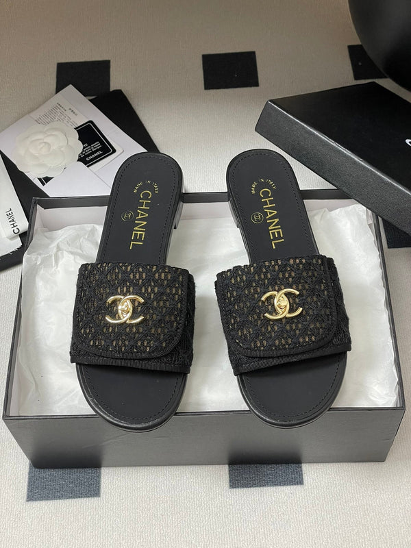 CC 25S Buckle Bag Mule Black Lace Fabric and Sheepskin 247589