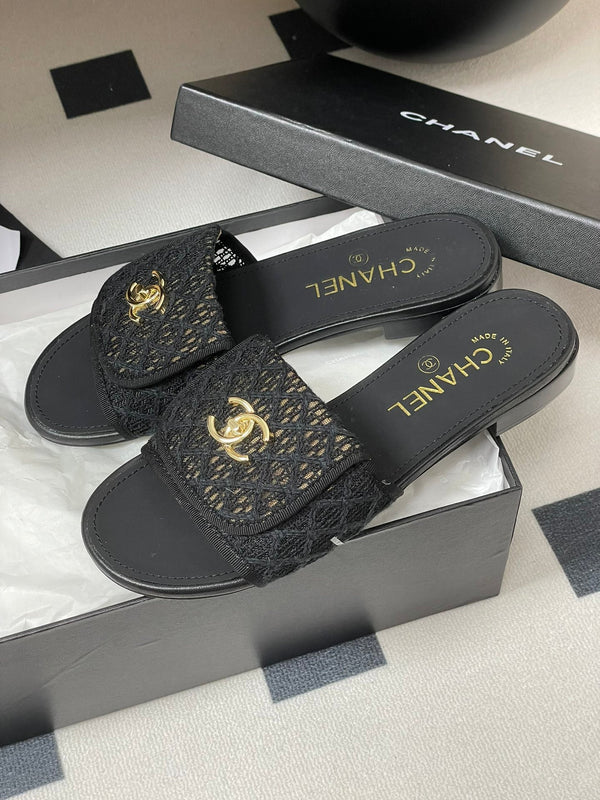 CC 25S Buckle Bag Mule Black Lace Fabric and Sheepskin 247589